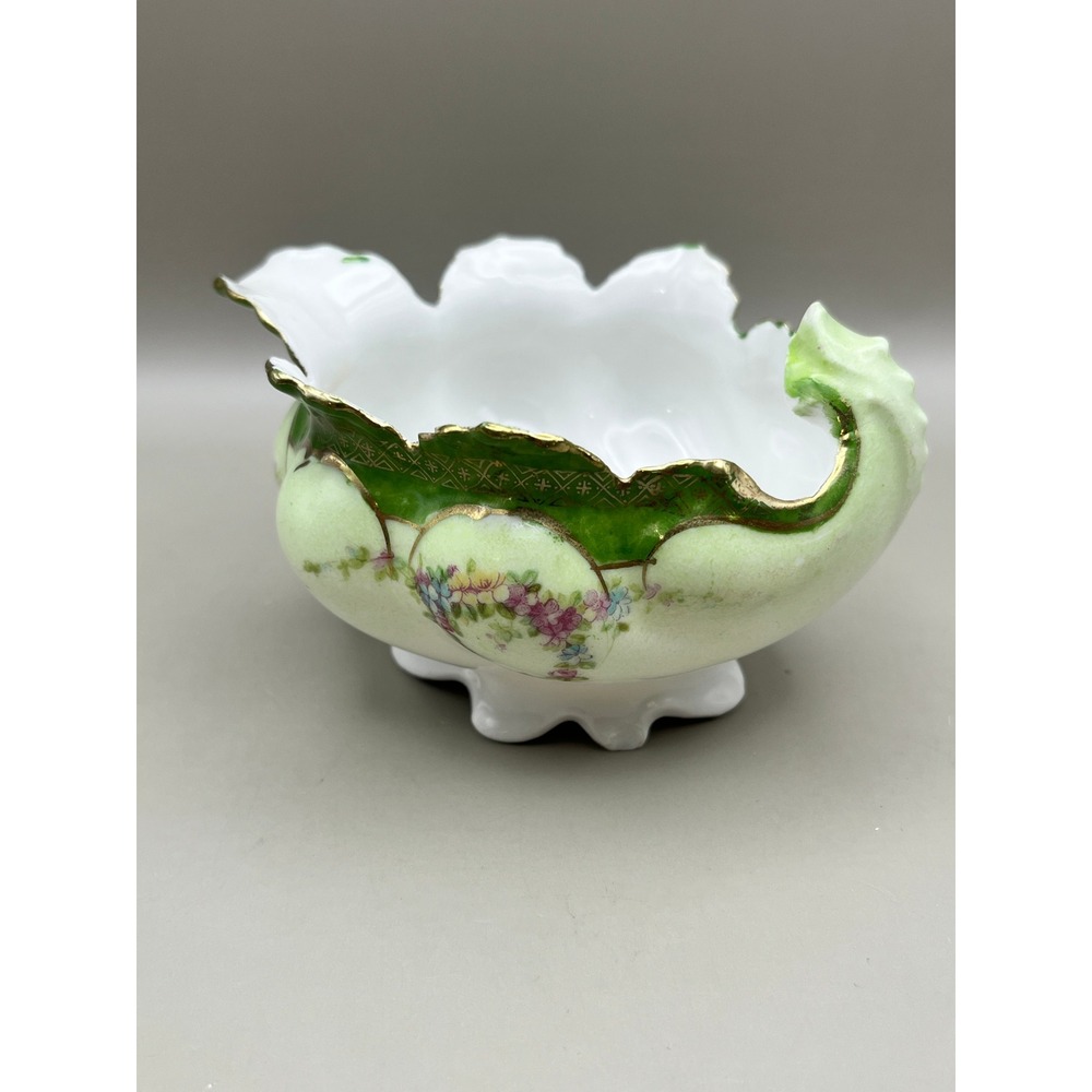 MZ Austria Antique Porcelain Floral Footed Bowl Green Gold Gilt Scalloped Rim